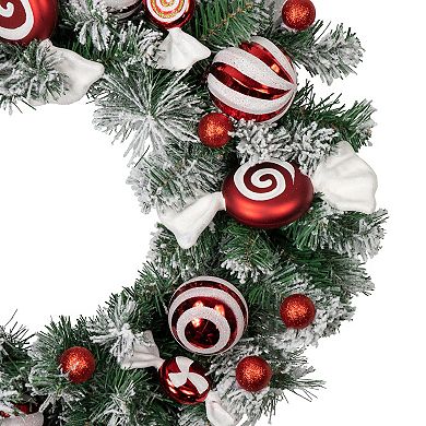 Frosted Pine Artificial Christmas Wreath with Swirled Candy Ornaments  24-Inch