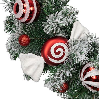 Frosted Pine Artificial Christmas Wreath with Swirled Candy Ornaments  24-Inch