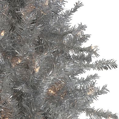 7.5' Pre-Lit Silver Tinsel Pine Slim Artificial Christmas Tree - Clear Lights