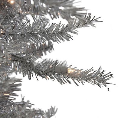 7.5' Pre-Lit Silver Tinsel Pine Slim Artificial Christmas Tree - Clear Lights