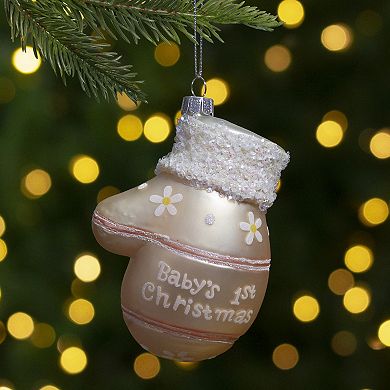 4" Pink and White Baby's 1st Christmas Mitten Holiday Ornament