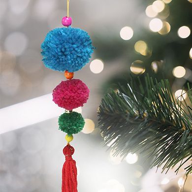 10.25" Sky Blue and Pink Pom-pom Hanging Christmas Ornament