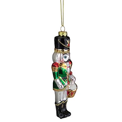 5.25" Green  Red and Gold Nutcracker With Drum Glass Christmas Ornament