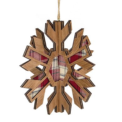 7" 3-D Faux Wood and Red Plaid Starburst Snowflake Christmas Ornament