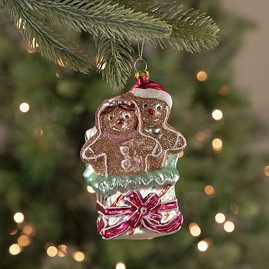 4.5" Glittered Gingerbread Couple in Gift Box Glass Christmas Ornament