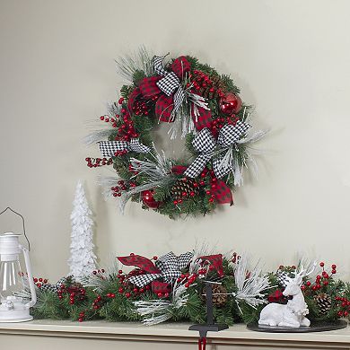 Plaid and Houndstooth and Red Berries Artificial Christmas Wreath - 24-Inch  Unlit