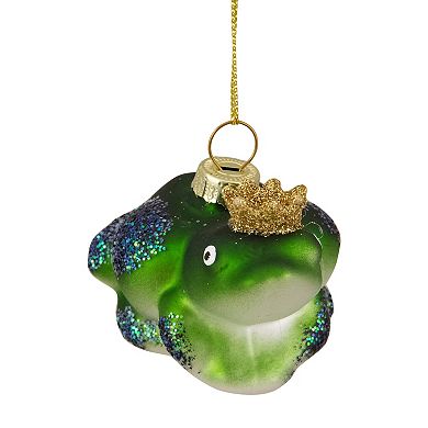 3" Green and White Prince Frog in a Gold Crown Glass Christmas Ornament