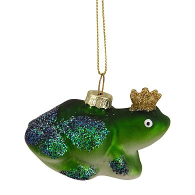 3" Green and White Prince Frog in a Gold Crown Glass Christmas Ornament