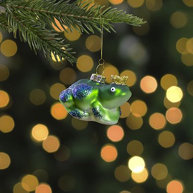 3" Green and White Prince Frog in a Gold Crown Glass Christmas Ornament