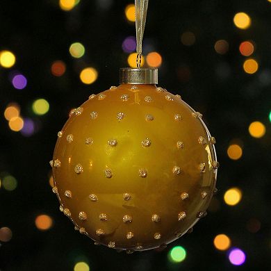 Golden Yellow 2-Finish Dot Round Glass Christmas Ball Ornament 4" (100mm)