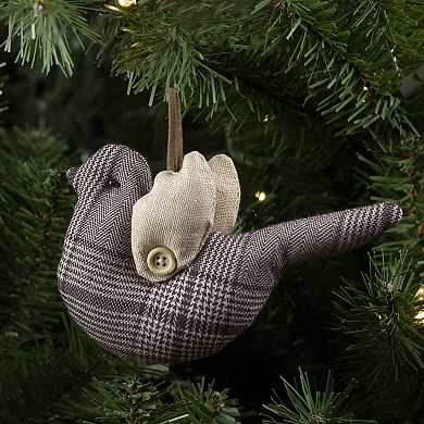 8" Brown and Beige Houndstooth Plaid Bird Christmas Ornament