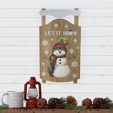 24” Let It Snow Wooden Sled Snowman and Snowflakes Wall Sign
