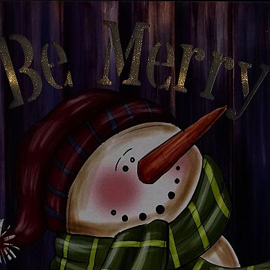 LED Lighted "Be Merry" Smiling Snowman Christmas Canvas Wall Art 11.75" x 11.75"