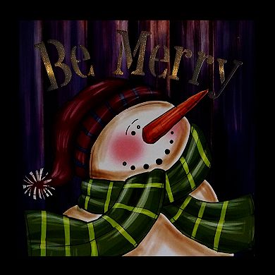 LED Lighted "Be Merry" Smiling Snowman Christmas Canvas Wall Art 11.75" x 11.75"