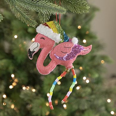 8.5" Pink Plush Flamingo Wearing a Santa Hat Christmas Ornament