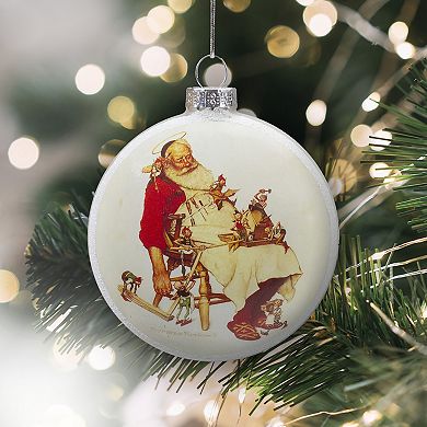 3" Norman Rockwell 'Santa and His Helpers' Glass Christmas Disc Ornament