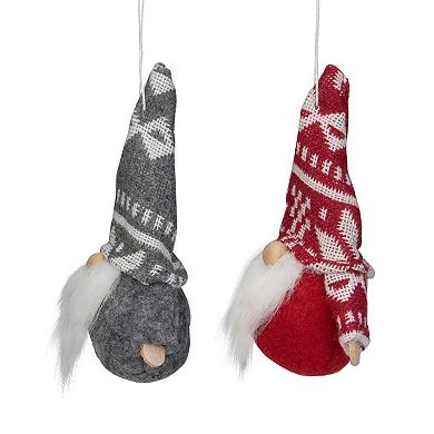 Set of 2 Gray and Red Santa Gnome Hanging Christmas Ornaments 4"