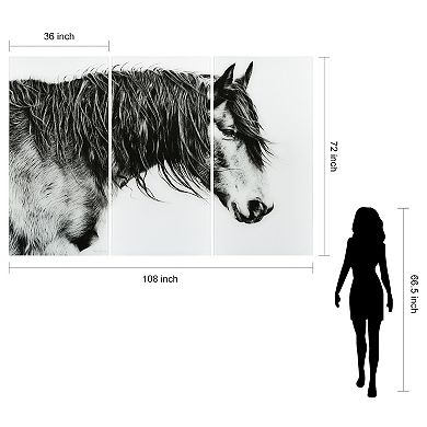 Empire Art Direct "Black and White Horse Portrait III ABC" Frameless Free-Floating Tempered Glass Panel Graphic Wall Art 3-Piece Set
