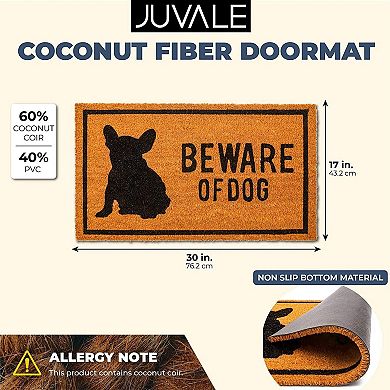 Frenchie Beware of Dog Natural Coco Coir Mat, Nonslip Welcome Doormat (17 x 30 in)