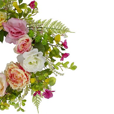 Rose and Peony Artificial Floral Spring Wreath  Pink and Yellow - 22-Inch