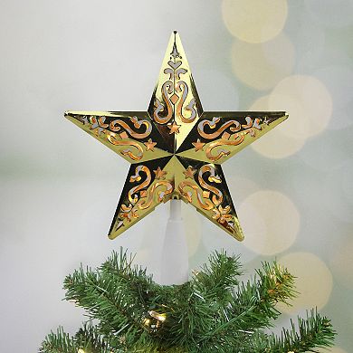 8.5" Lighted Gold and White Star Cut-Out Design Christmas Tree Topper - Clear Lights