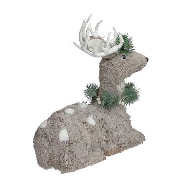 14" Gray Sitting Sisal Reindeer with Wreath Christmas Figure