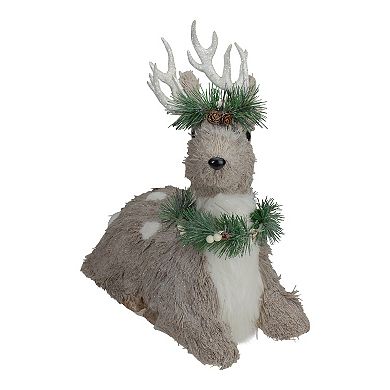 14" Gray Sitting Sisal Reindeer with Wreath Christmas Figure