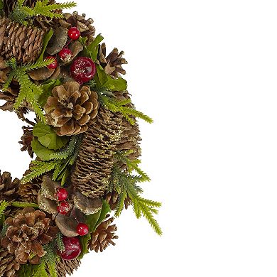 Green and Brown Pine Cone and Berry Christmas Wreath - 13" Unlit