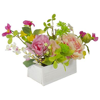 14-Inch Pink and Yellow Artificial Roses and Peony Floral  Arrangement in Planter