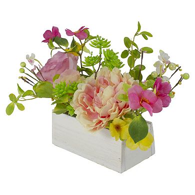 14-Inch Pink and Yellow Artificial Roses and Peony Floral  Arrangement in Planter