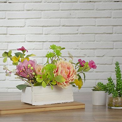 14-Inch Pink and Yellow Artificial Roses and Peony Floral  Arrangement in Planter