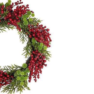 Red Berry and Frosted Pine Christmas Wreath  28-Inch  Unlit