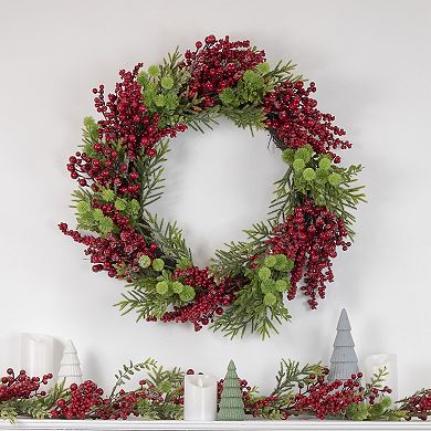 Red Berry and Frosted Pine Christmas Wreath  28-Inch  Unlit