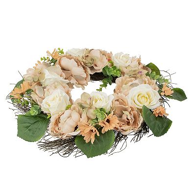 Peach and White Floral Fall Harvest Artificial Wreath  22-Inch