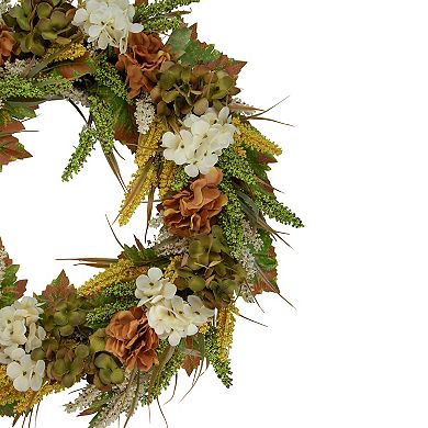 White and Orange Hydrangea Artificial Fall Harvest Twig Wreath  28-Inch  Unlit