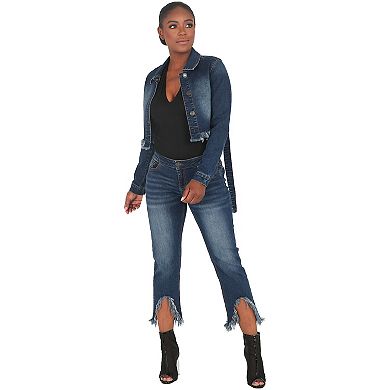 Poetic Justice Women's Curvy Fit Cropped Frayed Step Hem Mid-Rise Dark Jeans