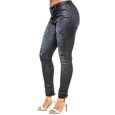 Poetic Justice Women's Curvy Fit Coated Stretch Twill Animal Print Jeans