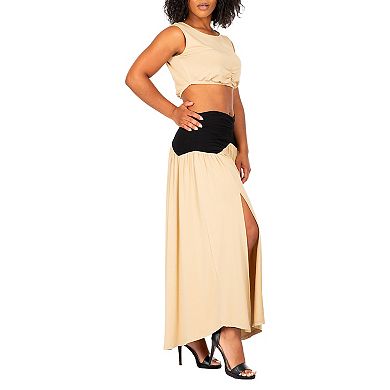 Poetic Justice Women's V Waist A Line Side Slit Flared Maxi Skirt