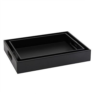 Black Leather Serving Tray Set with Handles, 2 Sizes for Coffee Table (2 Piece Set)