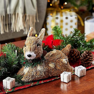 Merry Christmas Deer Figurine, Rustic Holiday Home Decor, Sitting (7.5 x 3 x 6 in)