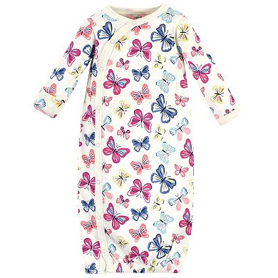 Touched by Nature Baby Girl Organic Cotton Side-Closure Snap Long-Sleeve Gowns 3pk, Bright Butterflies, Preemie