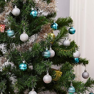 Mini Glitter, Mirror Shatterproof Christmas Tree Ball Ornaments (Teal, Silver, 1.5 in, 48 Pack)