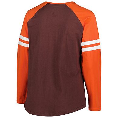 Women's Fanatics Branded Brown/Orange Cleveland Browns Plus Size True to Form Lace-Up V-Neck Raglan Long Sleeve T-Shirt