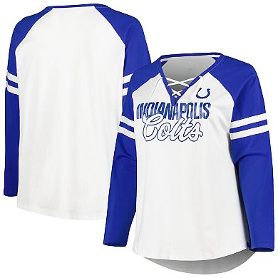 Women's Fanatics Branded Royal/White Indianapolis Colts Plus Size True to Form Lace-Up V-Neck Raglan Long Sleeve T-Shirt
