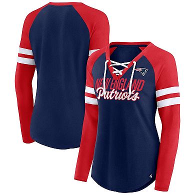 Women's Fanatics Branded Navy/Red New England Patriots Plus Size True to Form Lace-Up V-Neck Raglan Long Sleeve T-Shirt