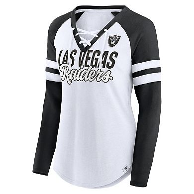 Women's Fanatics Branded White Las Vegas Raiders Plus Size True to Form Lace-Up V-Neck Raglan Long Sleeve T-Shirt