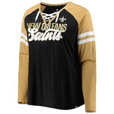 Women's Fanatics Branded Black/Vegas Gold New Orleans Saints Plus Size True to Form Lace-Up V-Neck Raglan Long Sleeve T-Shirt