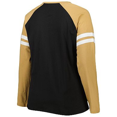 Women's Fanatics Branded Black/Vegas Gold New Orleans Saints Plus Size True to Form Lace-Up V-Neck Raglan Long Sleeve T-Shirt