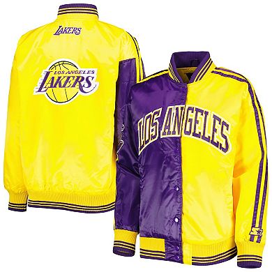 Women's Starter Purple/Gold Los Angeles Lakers Split Colorblock Satin Full-Snap Varsity Jacket