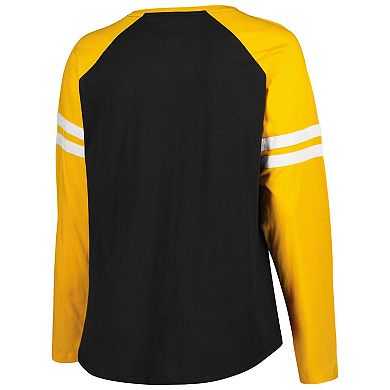 Women's Fanatics Branded Black/Gold Pittsburgh Steelers Plus Size True to Form Lace-Up V-Neck Raglan Long Sleeve T-Shirt